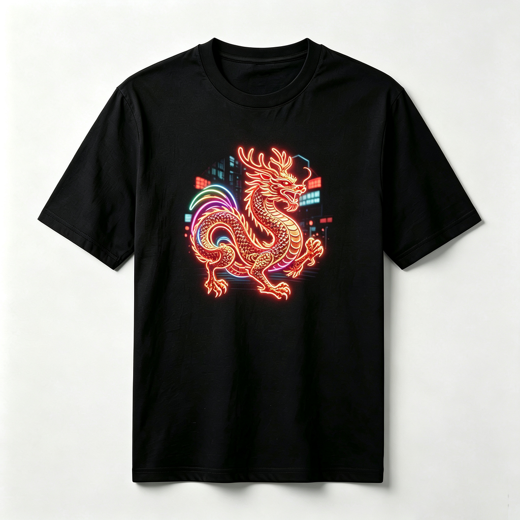 Neon Zodiac | Year of the Dragon Graphic T-Shirt – HK – Inspired Neon Art Print Crew Neck Cotton Tee