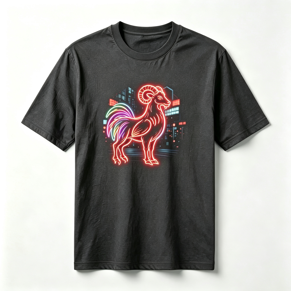 Neon Zodiac | Year of the Goat Graphic T-Shirt – HK – Inspired Neon Art Print Crew Neck Cotton Tee